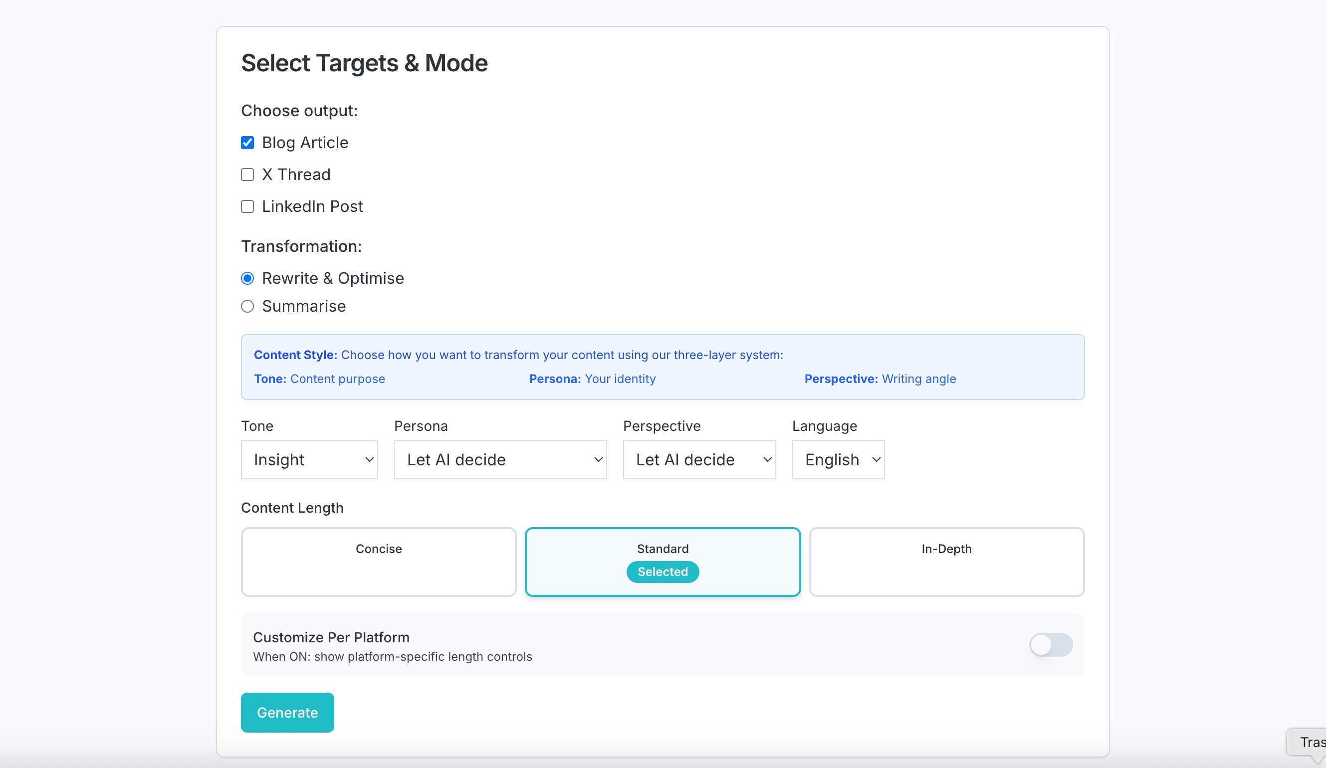 Content repurposing interface showing multiple format options